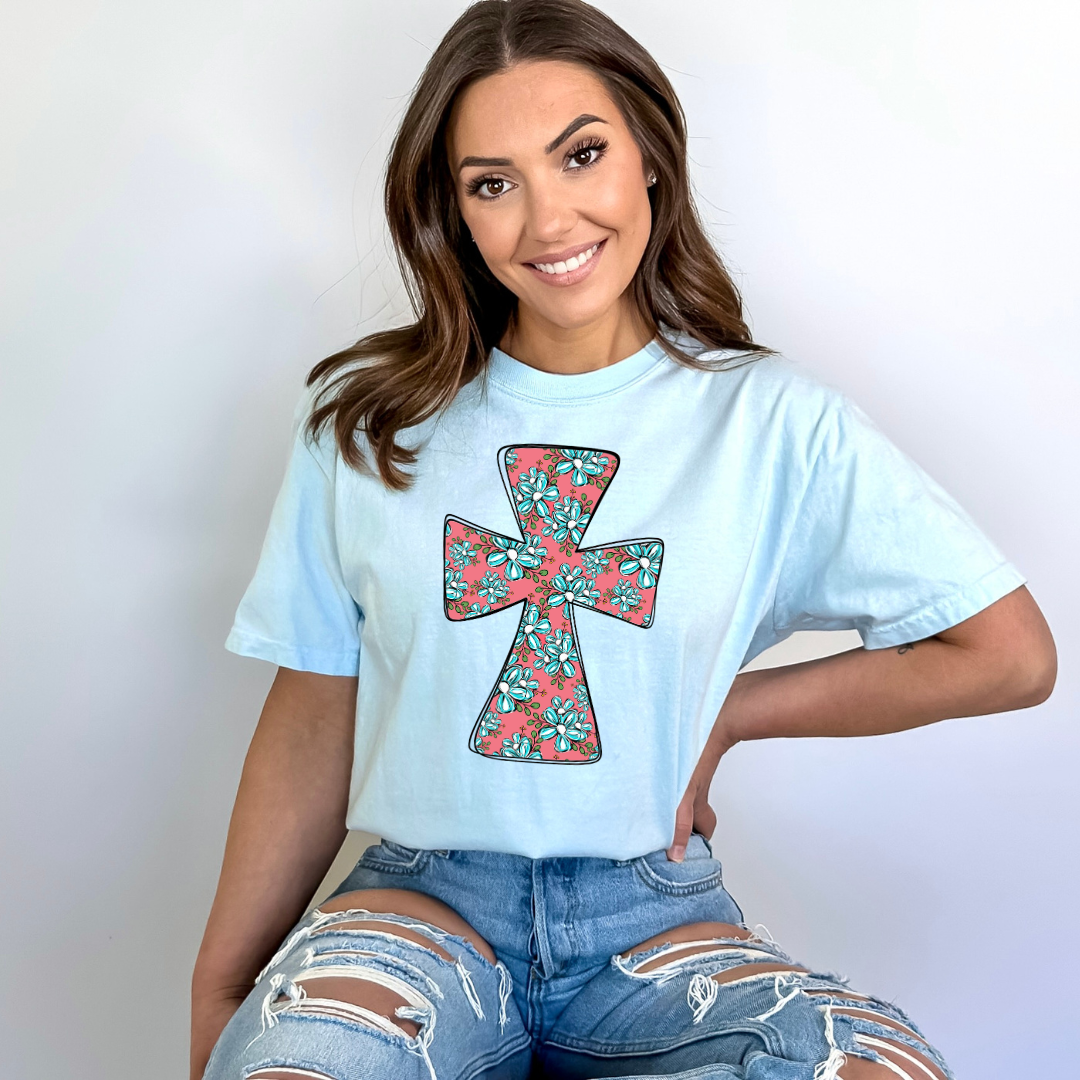 Pink and Blue Floral Cross Tee